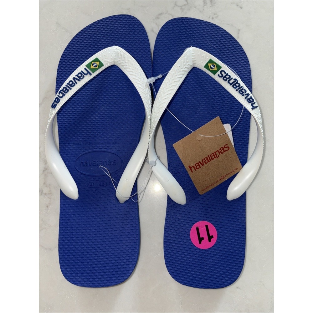 Havaianas Men's 9/10 Brazil Blue/White Flip Flop Sandals Logo W 11-12 EU 41-42